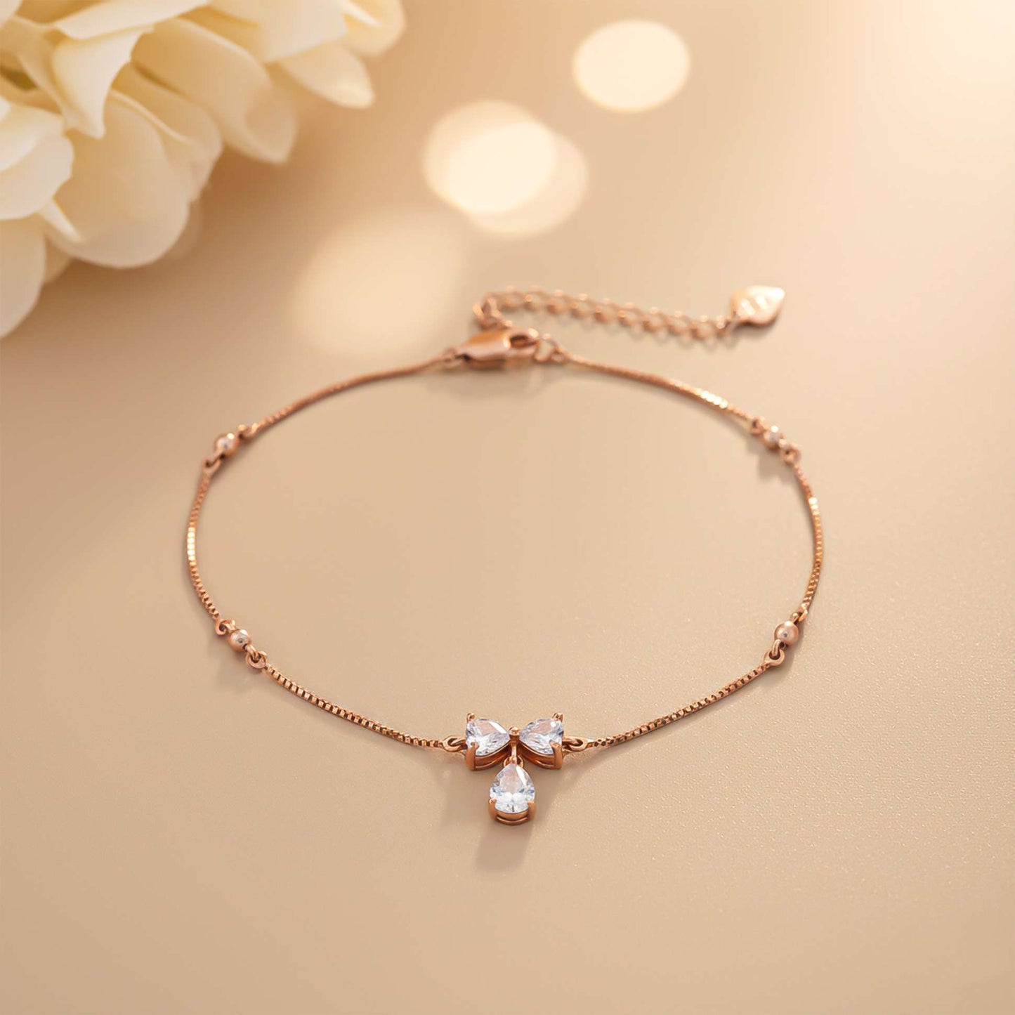 Heart Teardrop Sterling Silver Bow Anklet With 14K Rose Gold Plated