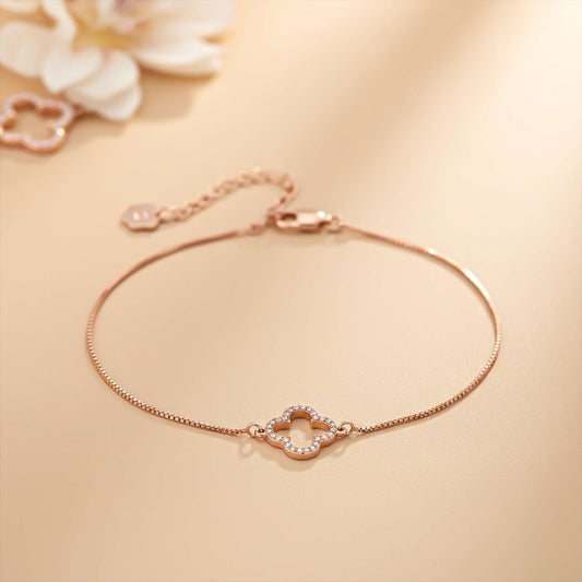 Grace Clover Sterling Silver Anklet With 14K Rose Gold Plated