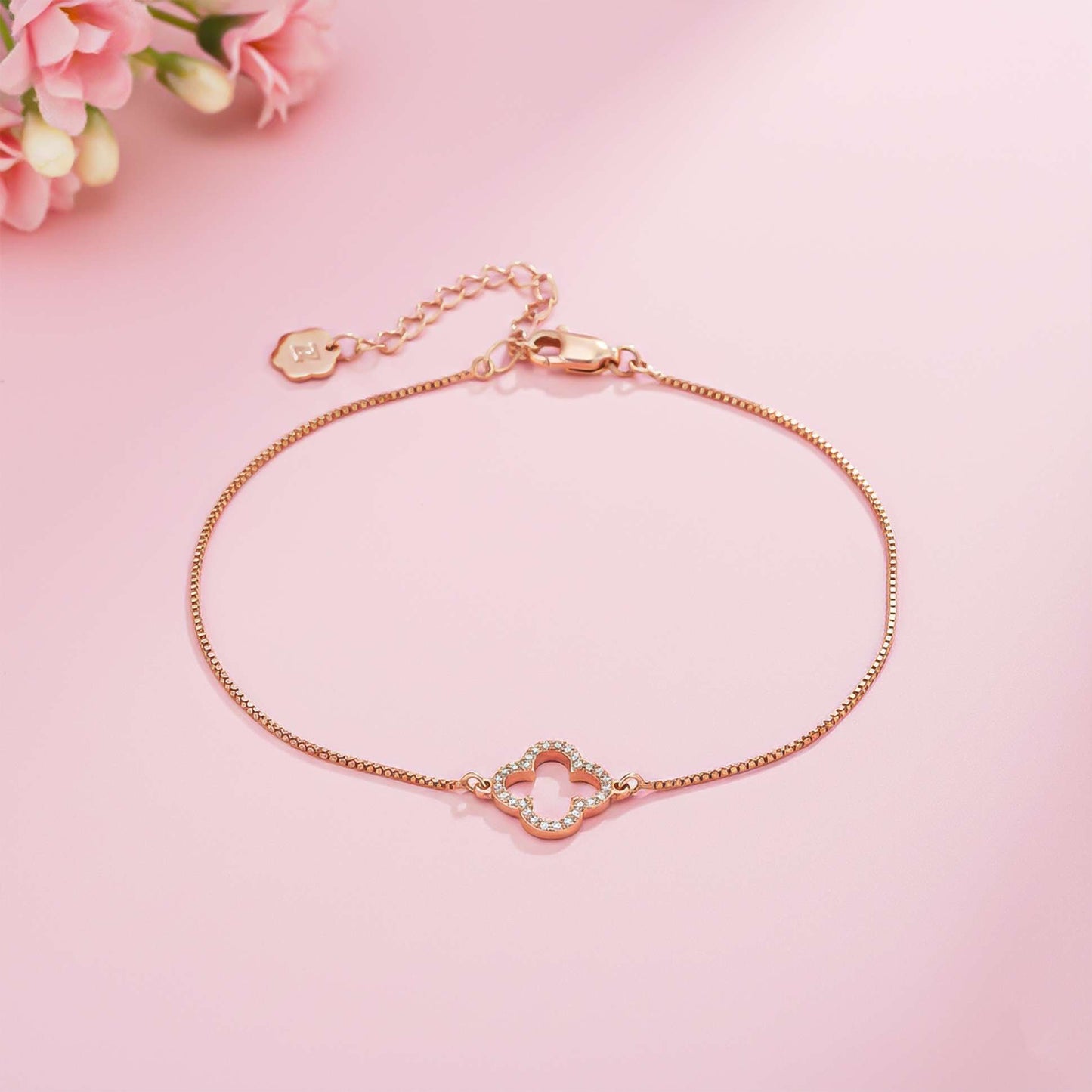 Grace Clover Sterling Silver Anklet With 14K Rose Gold Plated