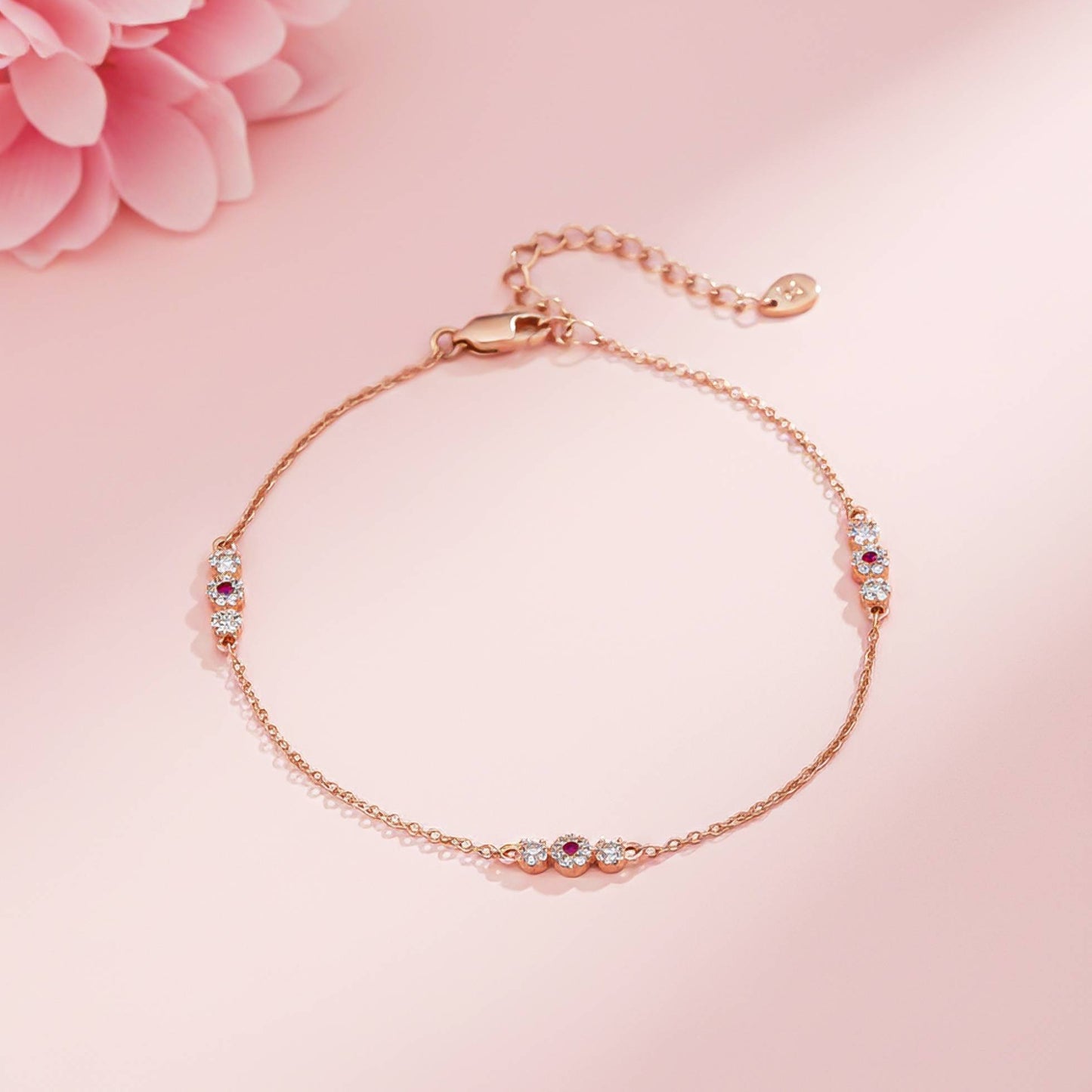 Diamond Cluster Sterling Silver Charms Anklet With 14K Rose Gold Plated