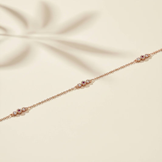 Diamond Cluster Sterling Silver Charms Anklet With 14K Rose Gold Plated