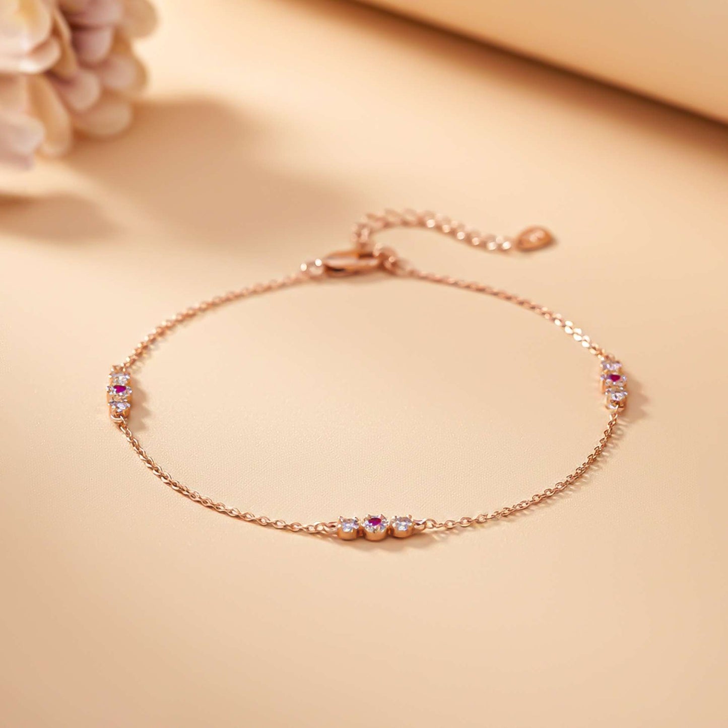 Diamond Cluster Sterling Silver Charms Anklet With 14K Rose Gold Plated