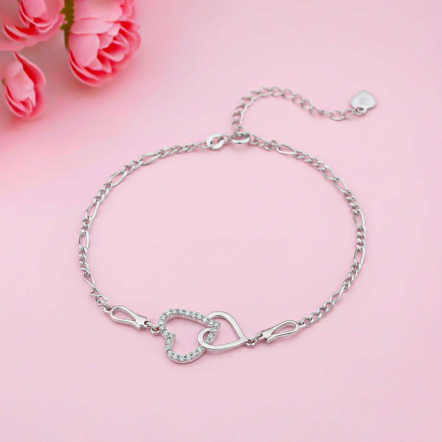 Silver Diamond Binary Heart Anklet For Valentine Gift