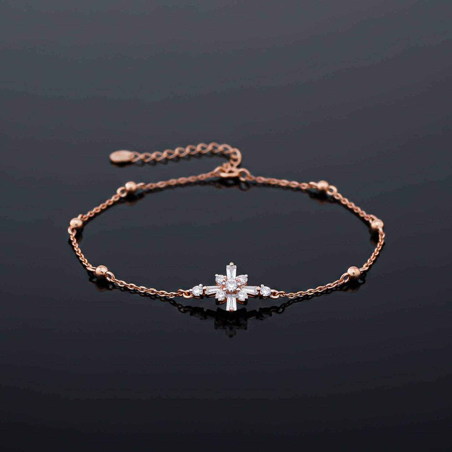 Silver Diamond Daisy Flower Anklet With 14K Rose Gold Plated