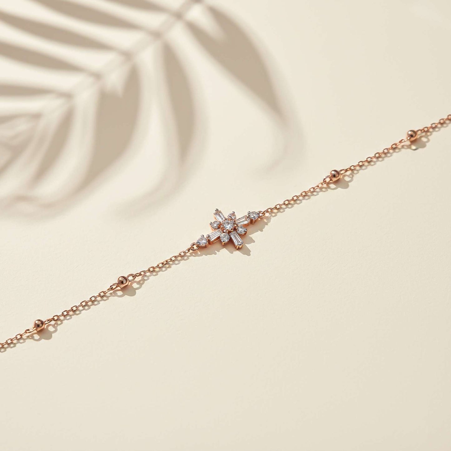Silver Diamond Daisy Flower Anklet With 14K Rose Gold Plated