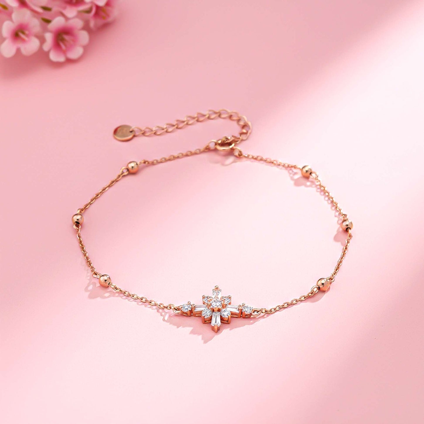 Silver Diamond Daisy Flower Anklet With 14K Rose Gold Plated