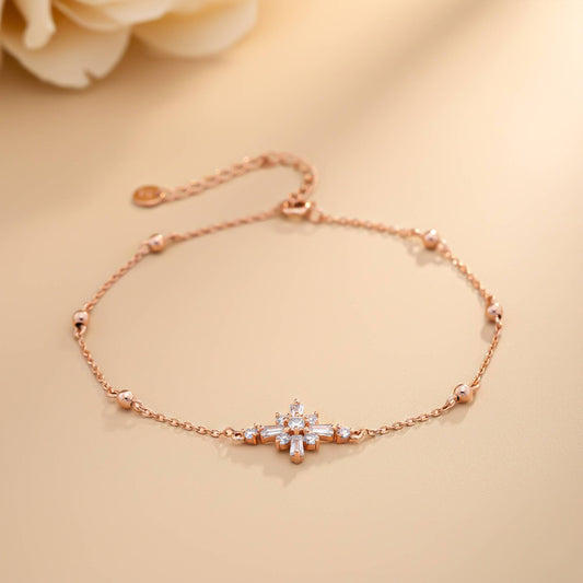 Silver Diamond Daisy Flower Anklet With 14K Rose Gold Plated