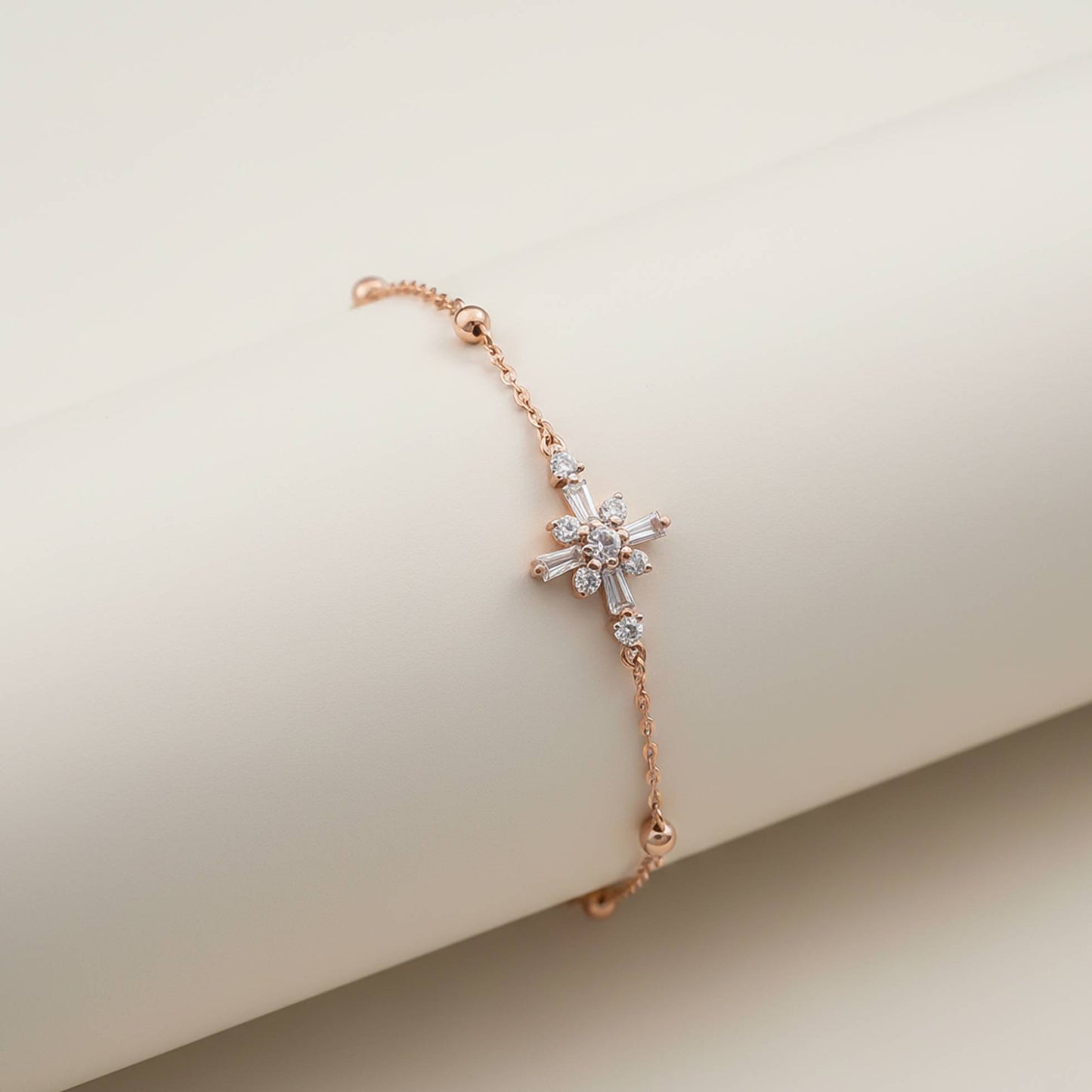 Silver Diamond Daisy Flower Anklet With 14K Rose Gold Plated