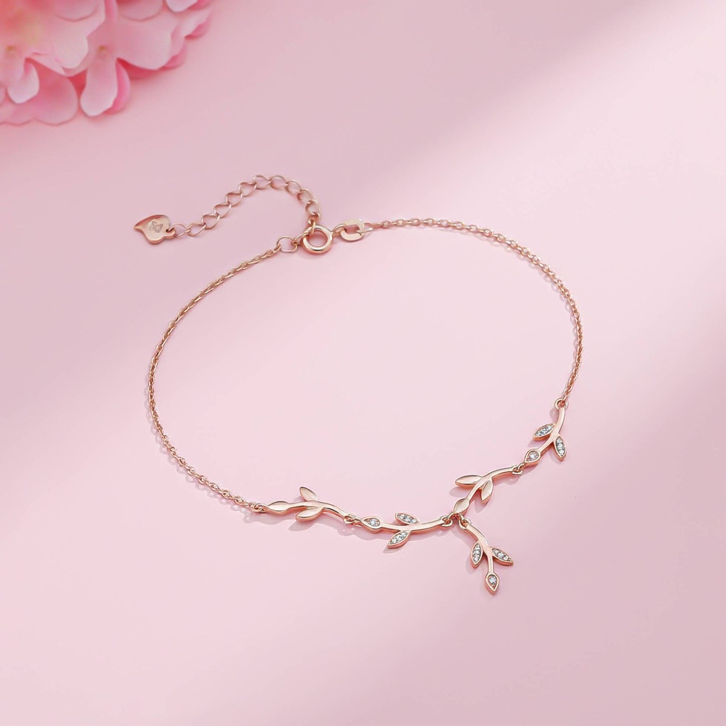 Silver Diamond Tree Branches Anklet With 14K Rose Gold Plated