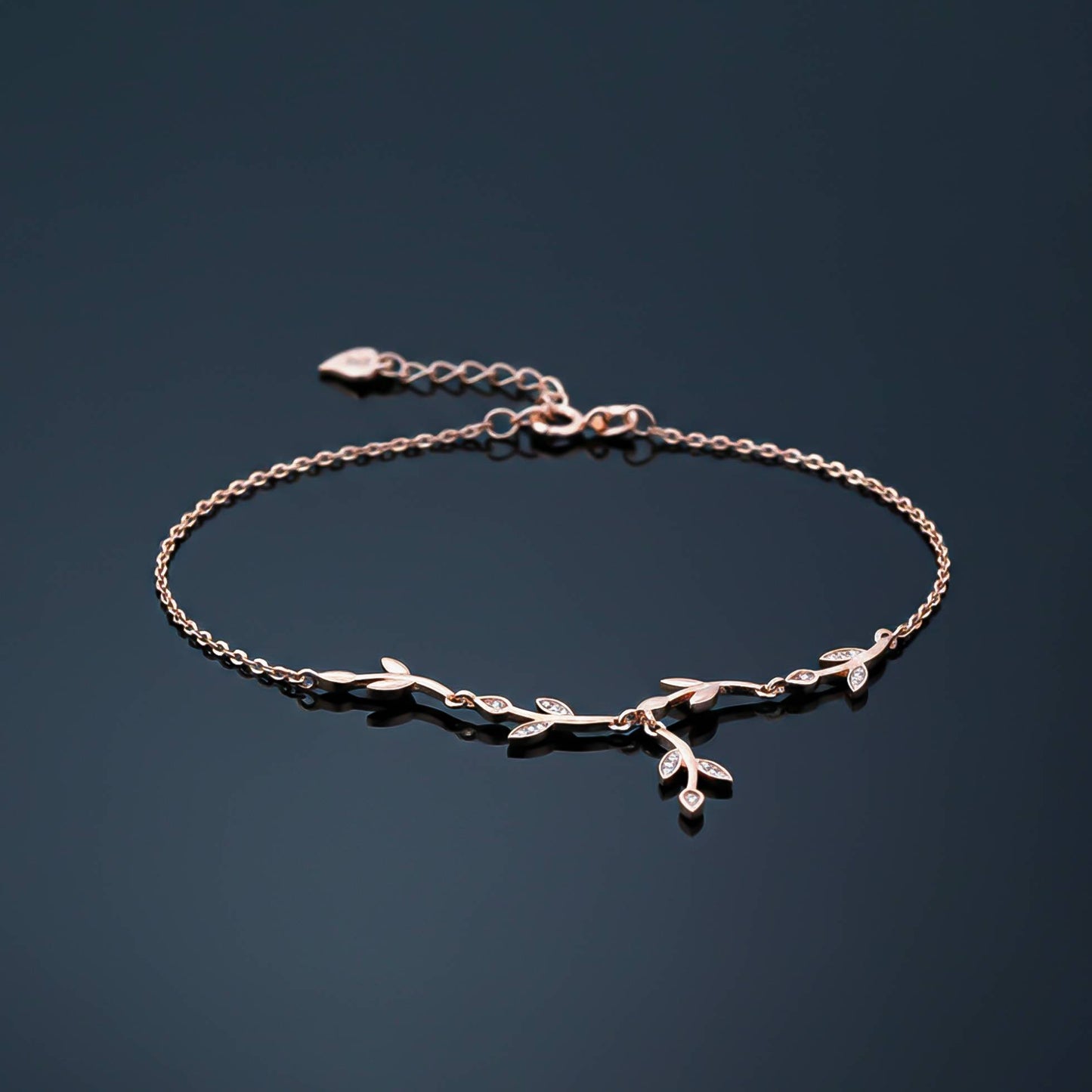 Silver Diamond Tree Branches Anklet With 14K Rose Gold Plated