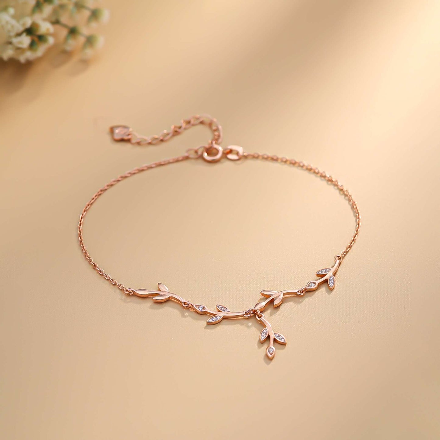 Silver Diamond Tree Branches Anklet With 14K Rose Gold Plated