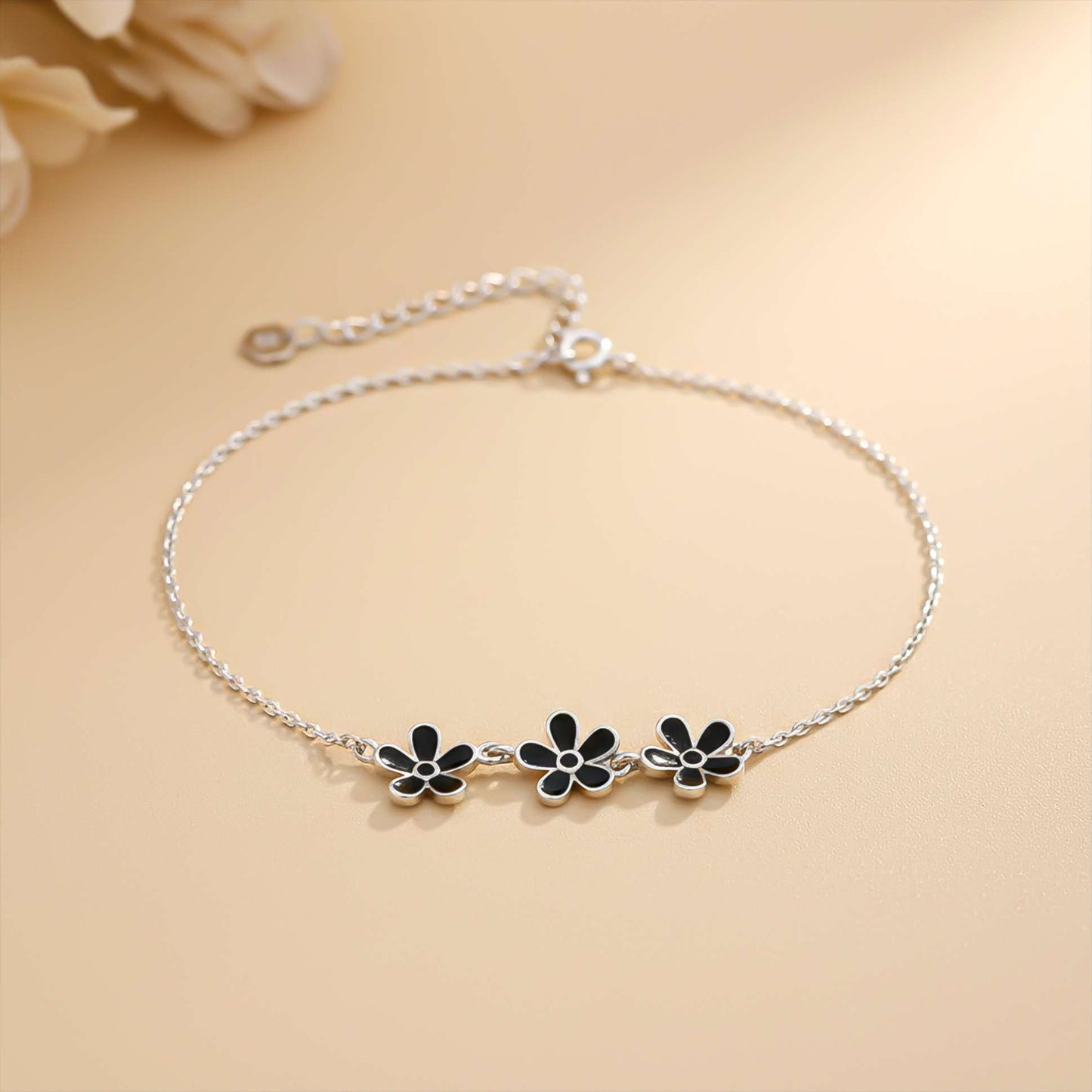 Sterling Silver Floral Black Enamel Anklet For Women