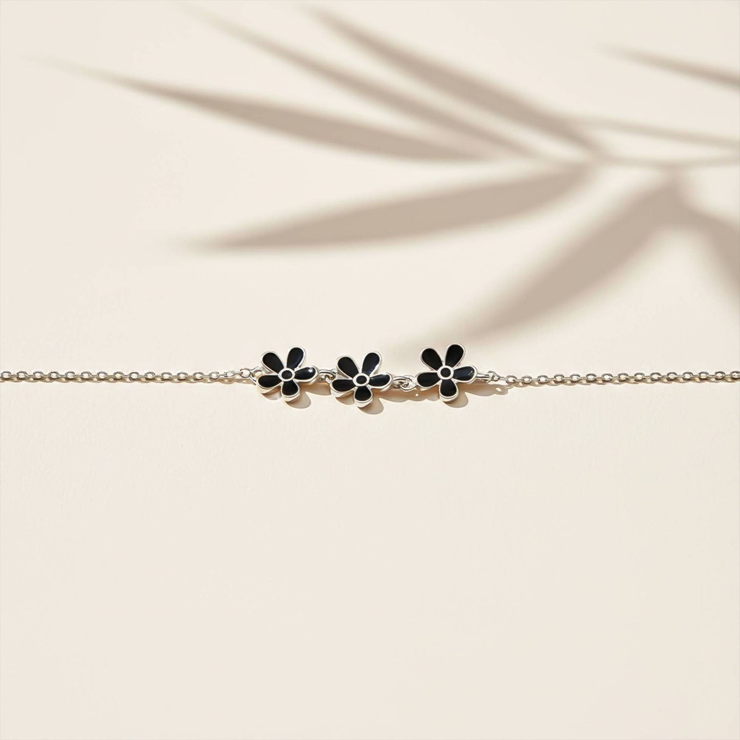 Sterling Silver Floral Black Enamel Anklet For Women