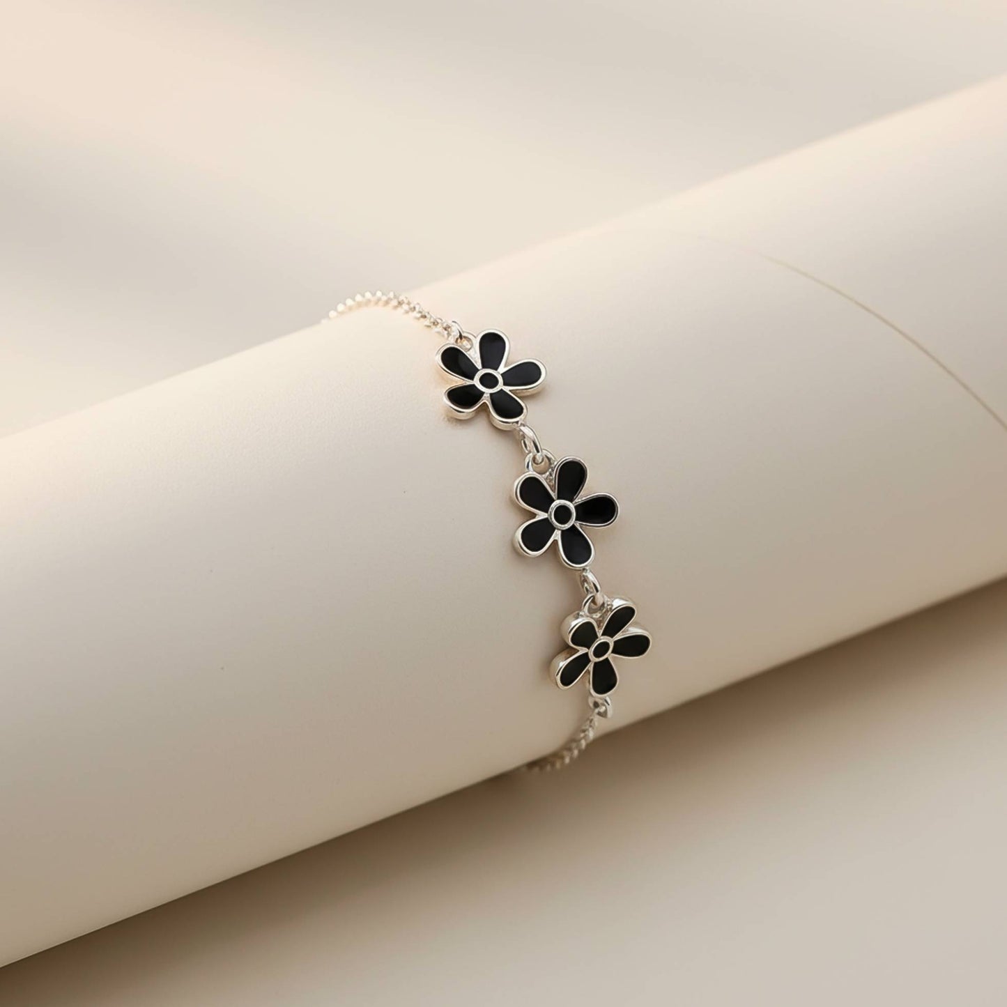 Sterling Silver Floral Black Enamel Anklet For Women