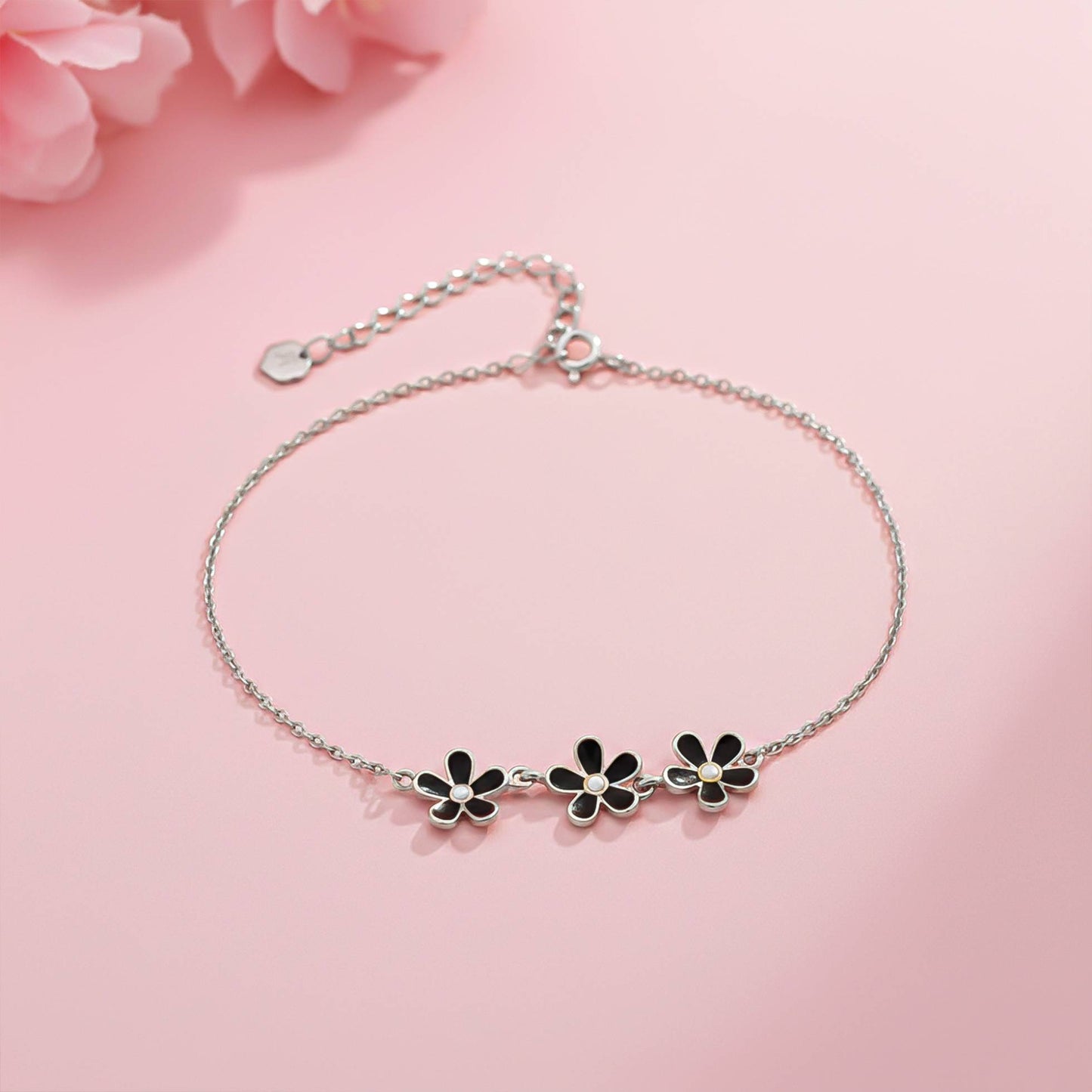 Sterling Silver Floral Black Enamel Anklet For Women