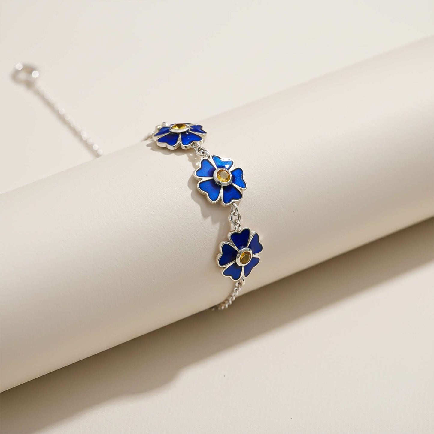 925 Sterling Silver Blue Enamel Floral Anklet Anniversary Gift For Her