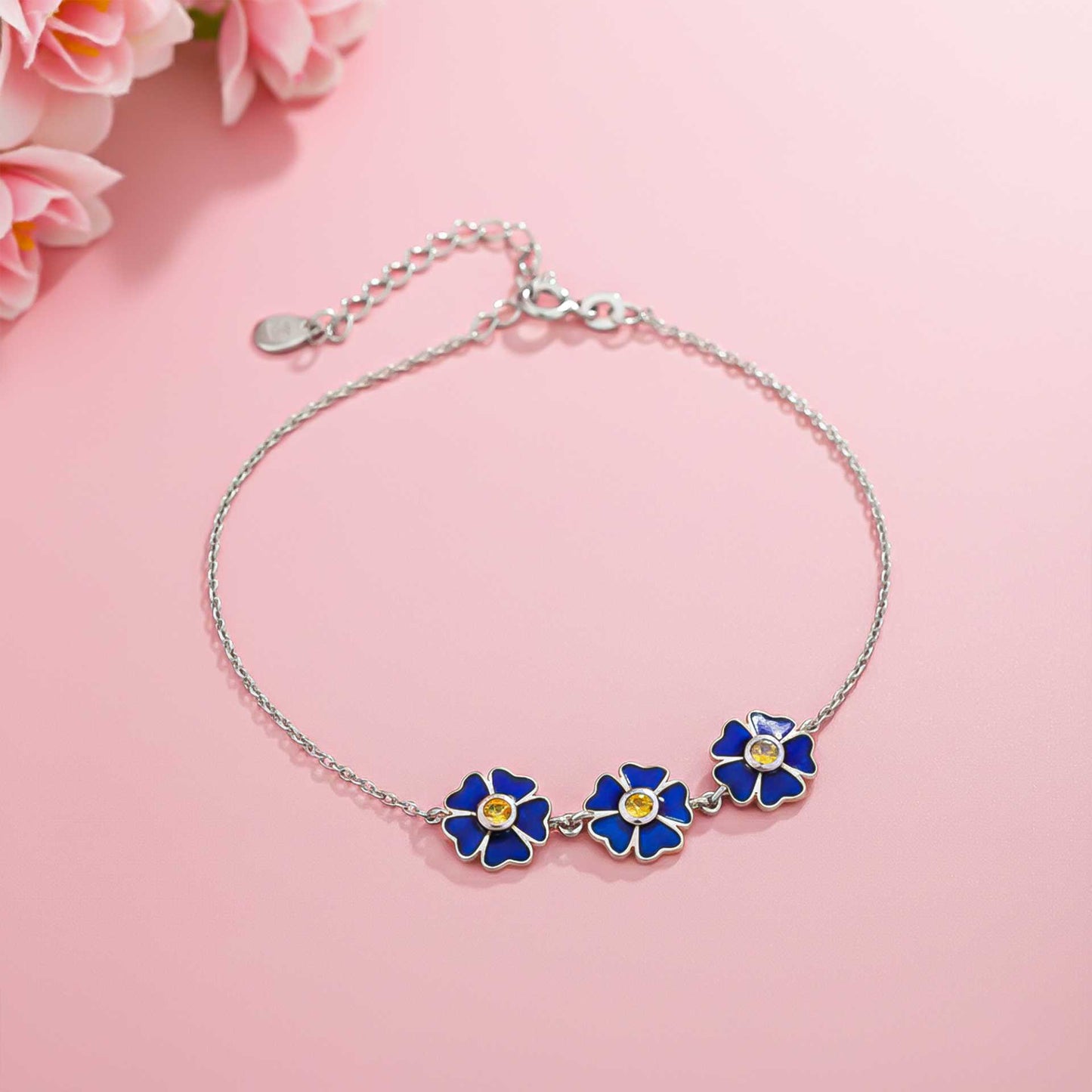 925 Sterling Silver Blue Enamel Floral Anklet Anniversary Gift For Her