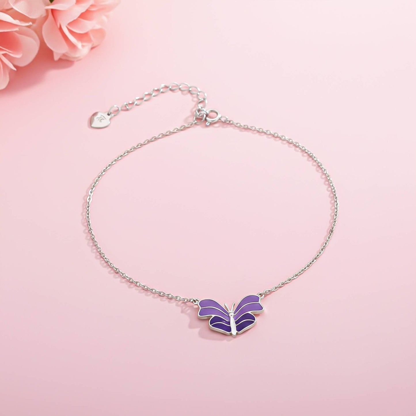 Sterling Silver Purple Enamel Butterfly Anklet For Her