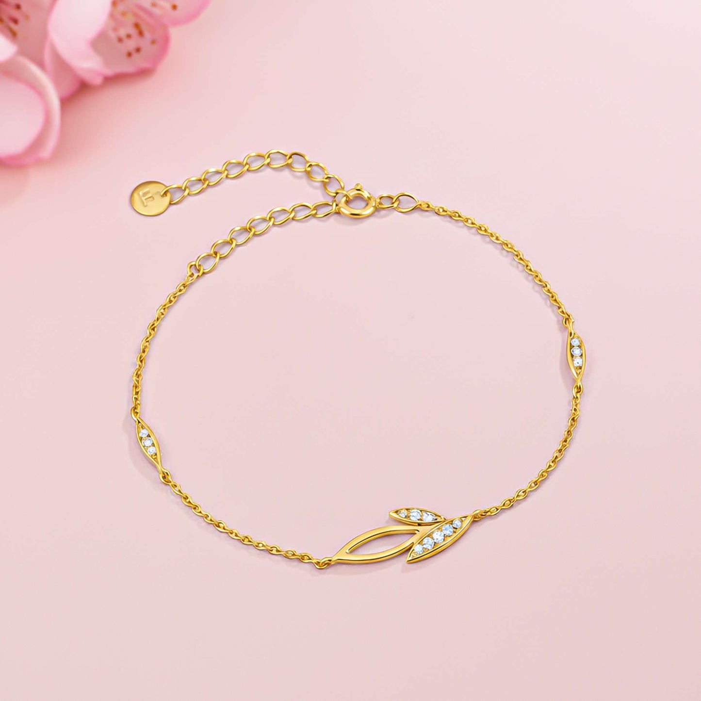 Silver Diamond Leaves Layered Anklet With 14K Gold Plated