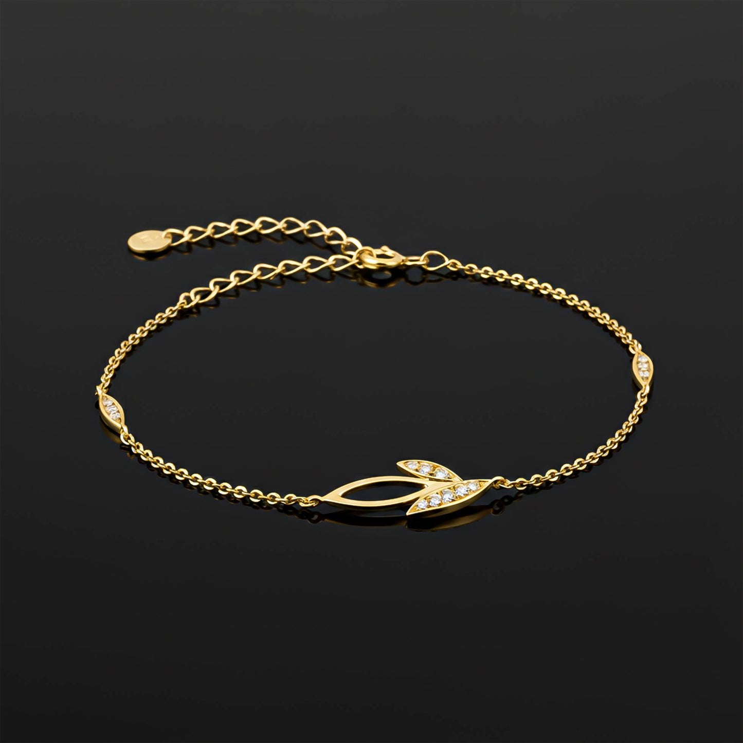 Silver Diamond Leaves Layered Anklet With 14K Gold Plated