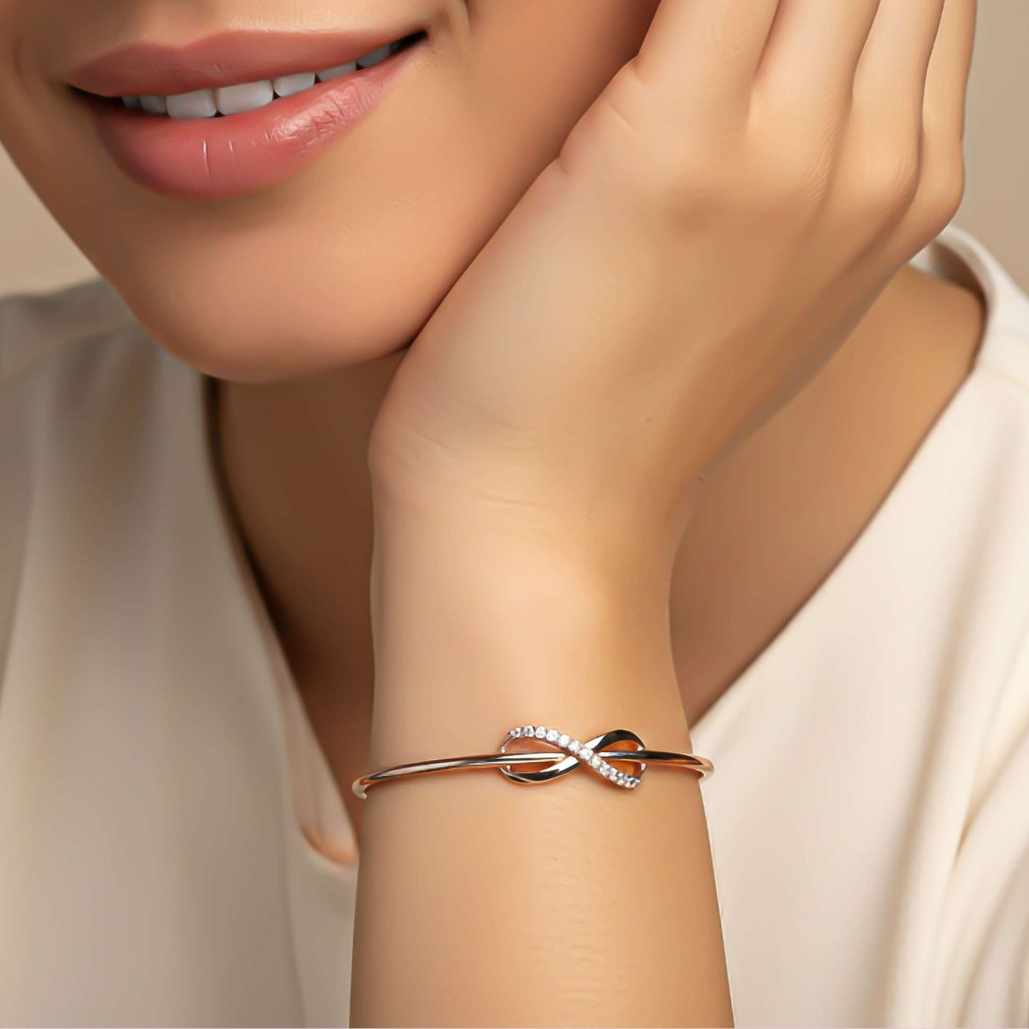 925 Sterling Silver Glittering Infinity Bangle With 14K Rose Gold Plated