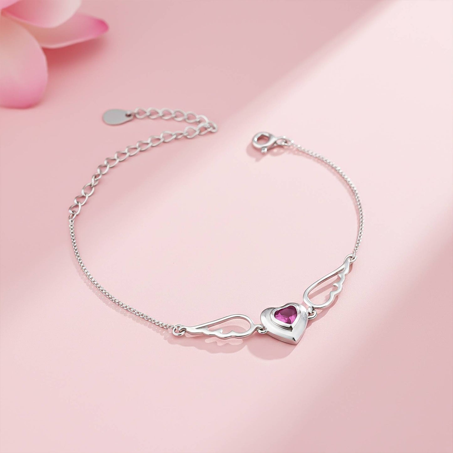Silver Covered Heart Angle Wings Bracelet