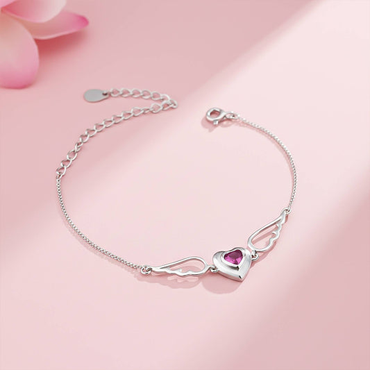 Silver Covered Heart Angle Wings Bracelet