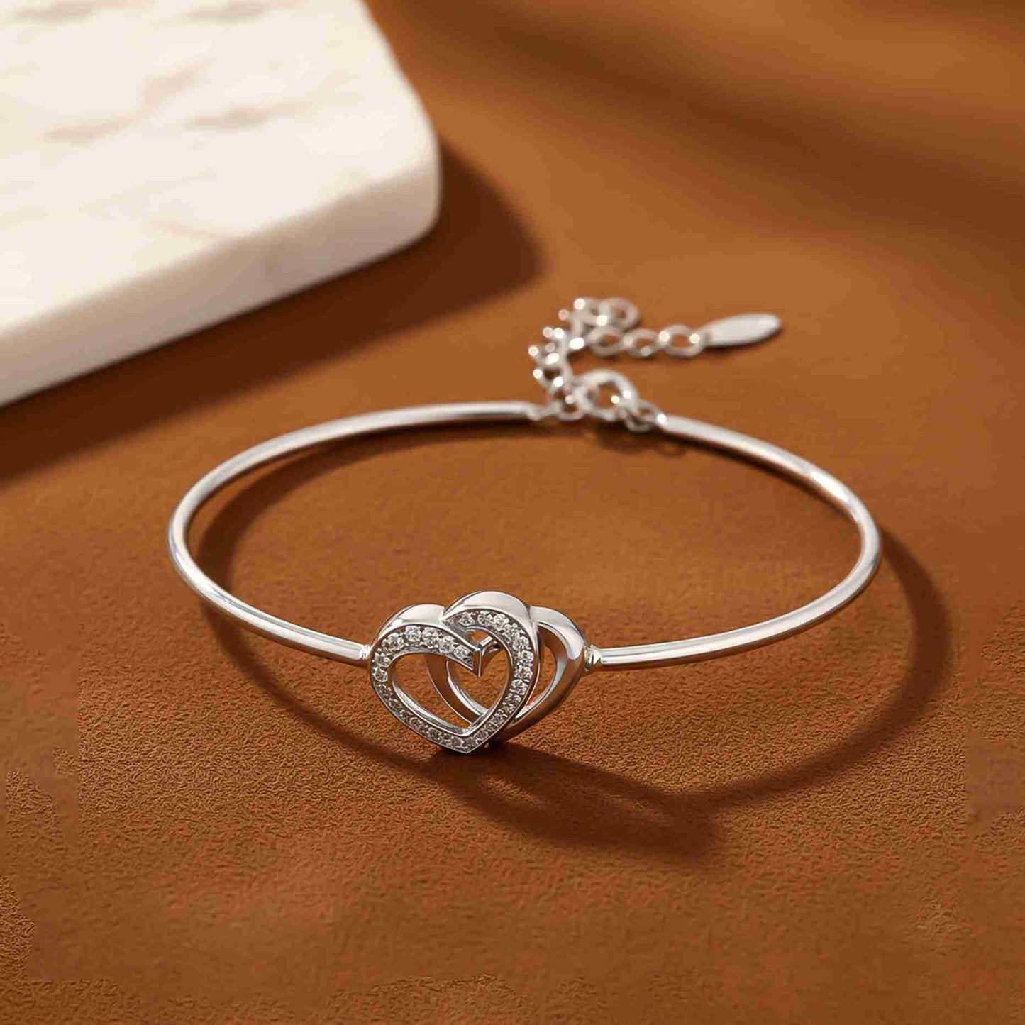 Silver Dual Interlocking Hearts Cuff Bracelet