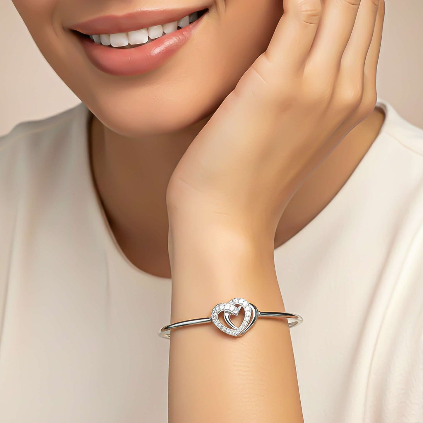 Silver Dual Interlocking Hearts Cuff Bracelet