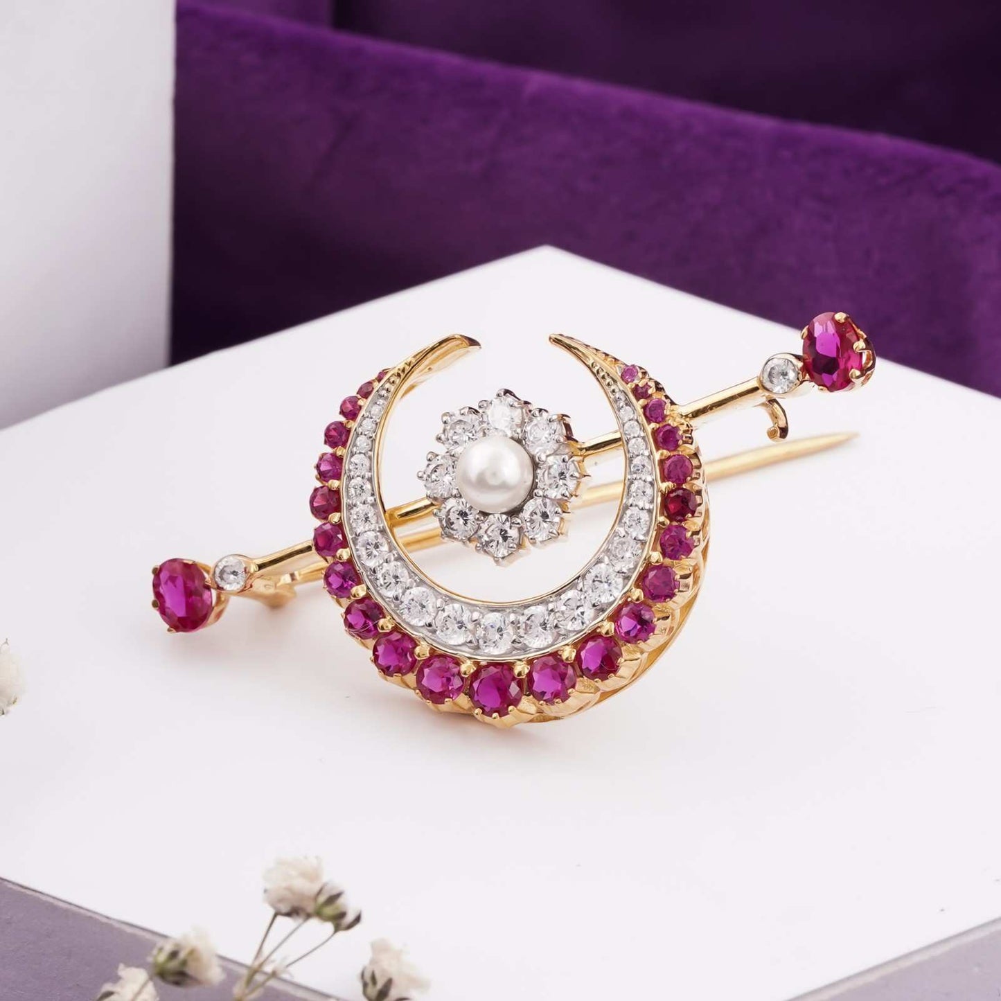 Silver Pearl & Ruby Moon Brooch With 14K Gold Plated