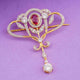 Silver Ruby Art Deco Brooch With 14K Gold Over Gold Vermeil (2.5 Micron)