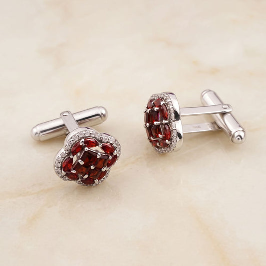 Silver Clover Red Garnet Men's Cufflink Gold Vermeil (2.5 Micron) White