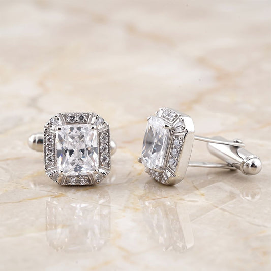 Silver Emerald Cut Halo Cufflinks For Men Gold Vermeil (2.5 Micron) White