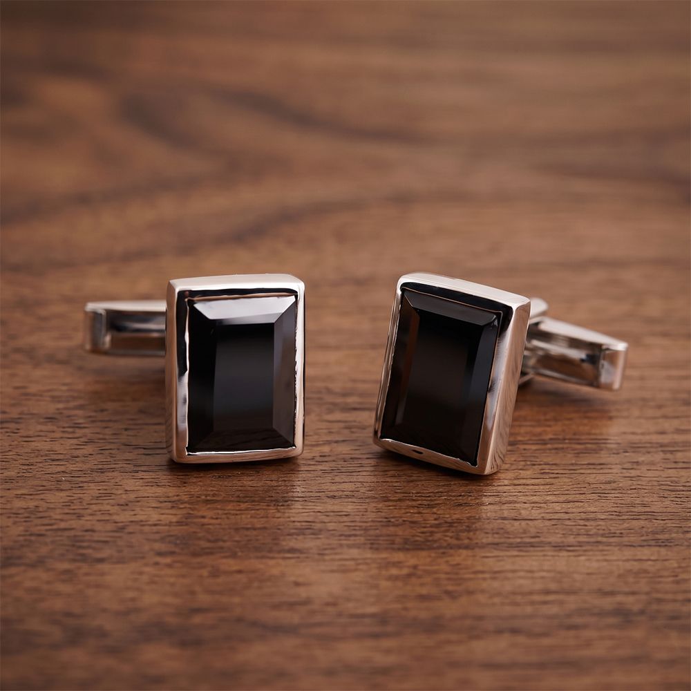 Silver Classic Black Diamond Cufflink Gold Vermeil (2.5 Micron) White