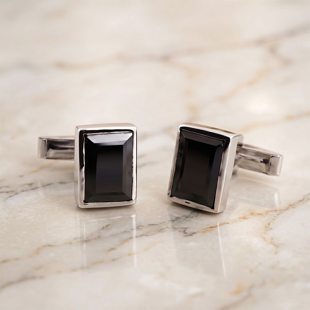 Silver Classic Black Diamond Cufflink Gold Vermeil (2.5 Micron) White