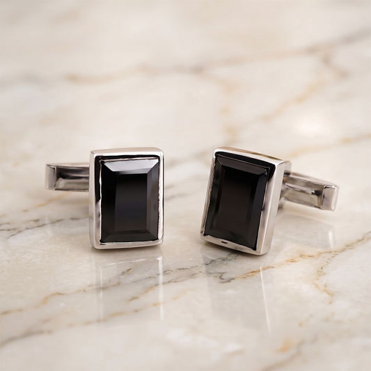 Silver Classic Black Diamond Cufflink Gold Vermeil (2.5 Micron) White