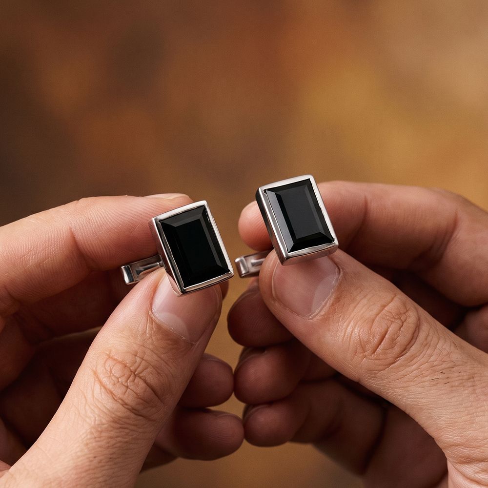 Silver Classic Black Diamond Cufflink Gold Vermeil (2.5 Micron) White