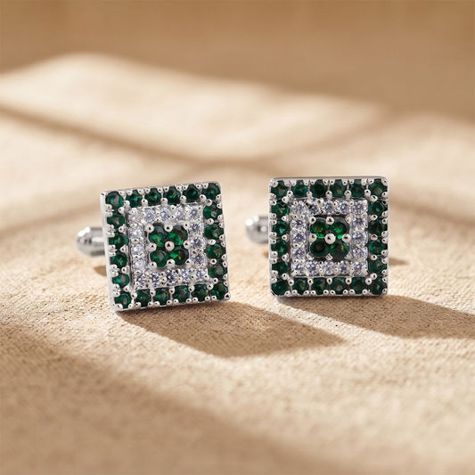 Green Emerald Cluster Cufflinks With 14K Gold Plated Gold Vermeil (2.5 Micron) White