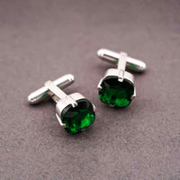 Silver Green Emerald Solitaire Cufflinks For Him