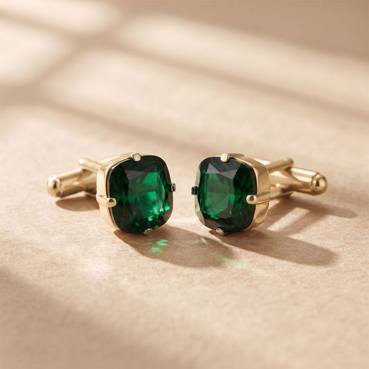 Silver Green Emerald Solitaire Cufflinks For Him Gold Vermeil (2.5 Micron) Gold