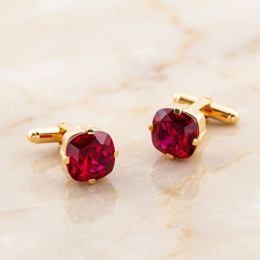 Silver Red Garnet Solitaire Cufflinks For Him With 14K Gold Over Gold Vermeil (2.5 Micron) Gold
