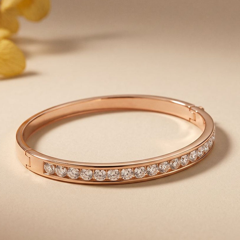 3.45 Ct Round Cut Lab Grown Diamond Inset Sparkle Bangle Bracelet for Women Rose Gold