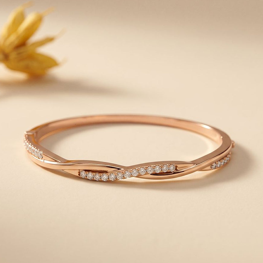 0.70 Ct Round Cut Lab Grown Diamond Sculpted Pavé Bangle Bracelet Rose Gold