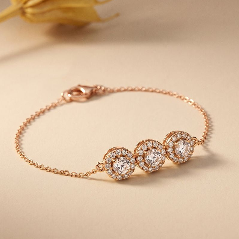1.30 Ct Round Cut Lab Grown Diamond Triple Halo Chain Bracelet Rose Gold