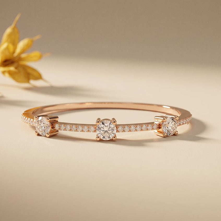 2.60 Ct Round Cut Lab Grown Diamond Triple Solitaire Sculpted Bangle Bracelet Rose Gold