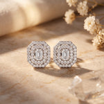 0.45 Ct Emerald Cut Lab Grown Diamond Double Halo Stud Earrings White