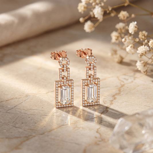 1.95 Ct Baguette Cut Lab Grown Diamond Geometric Halo Drop Earrings Rose Gold