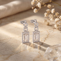 1.95 Ct Baguette Cut Lab Grown Diamond Geometric Halo Drop Earrings White