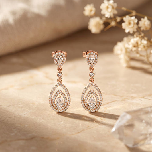 1.20 Ct Pear Cut Lab Grown Diamond Double Teardrop Dangle Earrings Rose Gold