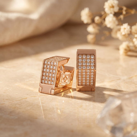 0.4 Ct Round Cut Lab Grown Diamond Pavé Rectangular Huggie Earrings Rose Gold